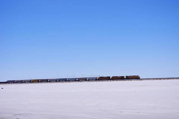 Train Poster featuring the photograph Train Crossing Bonneville Salt Flat by Mike and Sharon Mathews