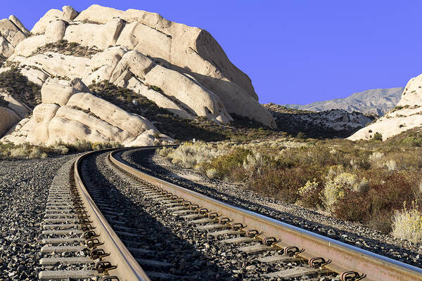 Cajon Pass Poster featuring the photograph Railroad Tracks at the Mormon Rocks by Jim Moss