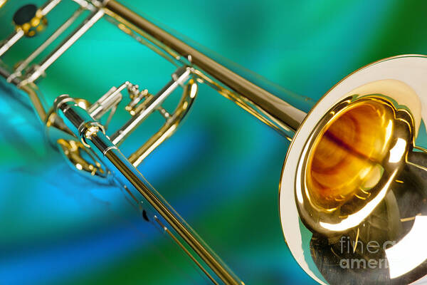 Trombone Poster featuring the photograph Trombone Against Green and Blue in Color 3204.02 by M K Miller