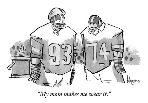 Helmets Poster featuring the drawing Two Football Players Are Talking To Each Other by John Klossner