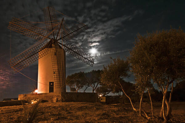 Architecture Poster featuring the photograph Vintage Windmill in Es Castell Villacarlos George Town in Minorca - Under the moonlight by Pedro Cardona Llambias