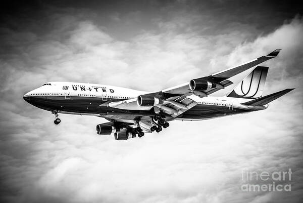 747 Poster featuring the photograph United Airlines Boeing 747 Airplane Black and White by Paul Velgos