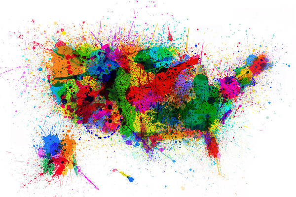 Usa Map Poster featuring the digital art United States Paint Splashes Map by Michael Tompsett