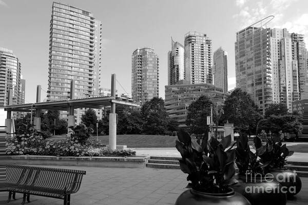 Black And White Poster featuring the photograph Vancouver Canada skyscrapers and park by Bill Cobb