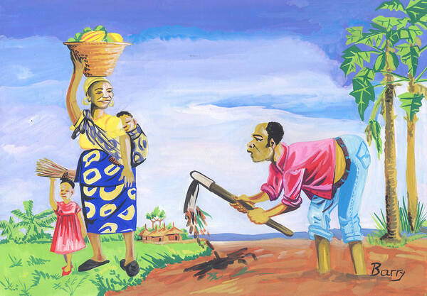 African Art Poster featuring the painting Village Life in Cameroon 01 by Emmanuel Baliyanga
