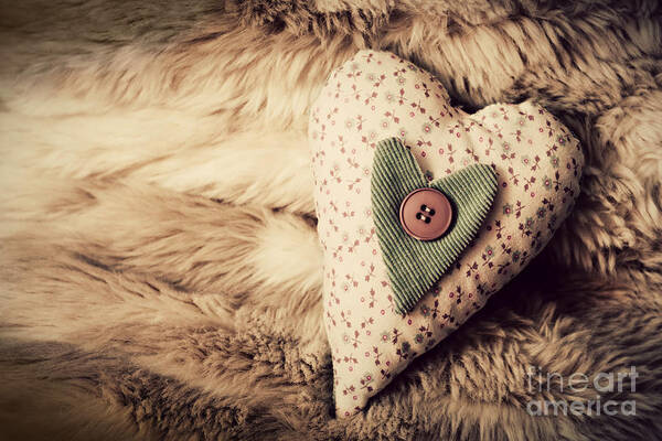 Heart Poster featuring the photograph Vintage handmade plush heart on the soft blanket by Michal Bednarek