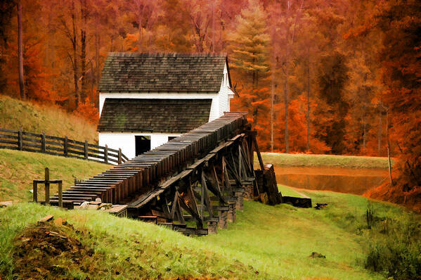 Virginia. Mill. Woods. Fence. Tree. Autumn Scene. Autumn Landscape. Fall Colors. Photography. Digital Art. Fine Art. Prints. Poster. Greeting Card. Canvas. Texture. Digital Painting. Nature. Wildlife. Water. Pond. Lake.river. Poster featuring the photograph Virginia Mill by Mary Timman