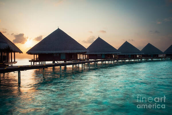 Amazing Poster featuring the photograph Waterbungalows At Sunset by Hannes Cmarits