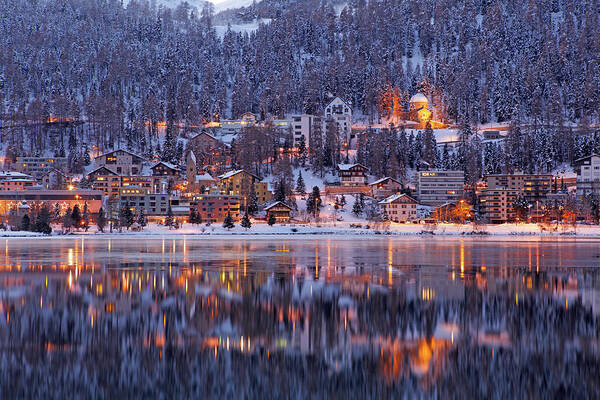 Holiday Poster featuring the photograph Winter View Of Saint Moritz At Dusk by Massimo Pizzotti