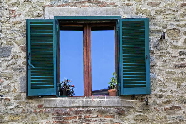 Window Poster featuring the photograph Wood brown Window with Green Shutters of Tuscany by David Letts