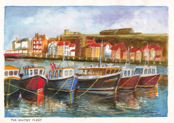 Fishing Fleet Poster featuring the painting Wooden fishing boats in the Whitby Fleet of northern England by Dai Wynn