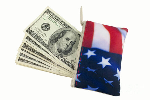 American Flag Poster featuring the photograph American Flag Wallet with 100 dollar bills #1 by Blink Images