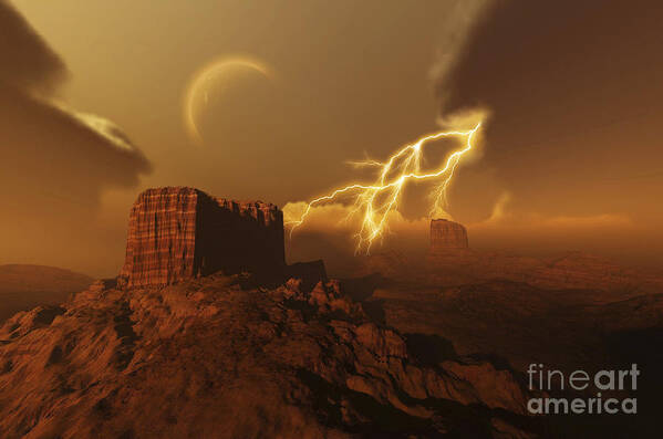 Canyon Poster featuring the digital art A Lightning Storm Over A Desert Lights by Corey Ford