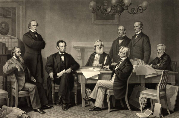 emancipation Proclamation Poster featuring the photograph Abraham Lincoln at the first reading of the Emancipation Proclamation - July 22 1862 by International Images