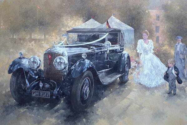Female; Car; Wedding; Marriage; Dress; Wife; Married; Transport; Automobile; Vintage; Old Timer; Bentley Poster featuring the painting Bentley and Bride by Peter Miller