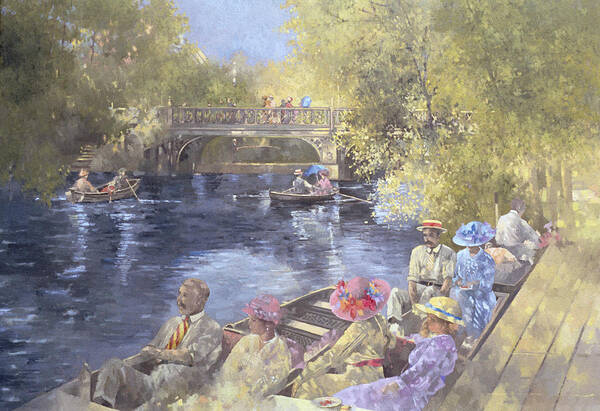 Summer; Pleasure Cruise; Rowing Boat; Punt; Bridge; River; Edwardian Costume; Southport; Botanic; Botanical; Botanic Gardens; Costumes; Rowing Boats; Boats; Women; Men; Dress; Dresses; Suit; Suits; Hat; Hats; Water; Tree; Trees; Rowing Poster featuring the painting Botanic Gardens - Southport by Peter Miller 