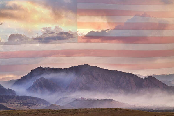Usa; Flag; America; Red; White; Blue; Flagstaff Fire; Wildfires; Boulder; Boulder County; Colorado; Co; Flagstaff; Fire; Nature; Landscape; James Bo Insogna; Flatirons; Colorful; Epic; Awesome; Sunsets; Sunrise; Poster featuring the photograph Boulder Colorado Flatirons and The Flagstaff Fire USA by James BO Insogna