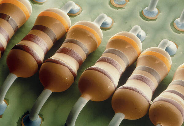 Resistor Poster featuring the photograph Coloured Sem Of Resistors On A Circuit Board by Power And Syred