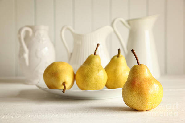 Agriculture Poster featuring the photograph Fresh pears on wooden table by Sandra Cunningham
