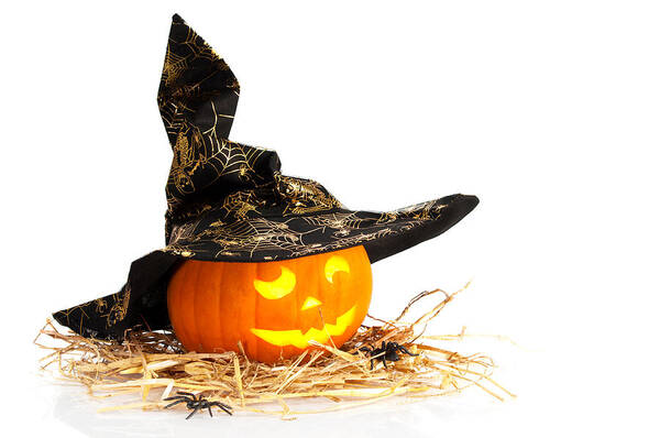 Halloween Poster featuring the photograph Halloween Pumpkin With Witches Hat by Amanda Elwell