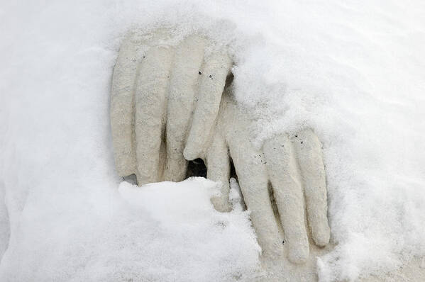 Snow Poster featuring the photograph Hands of a statue covered with snow by Matthias Hauser