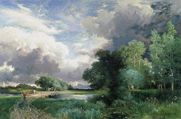 Rural; Remote; River; Riverbank; Dusk; Evening; Track; Road; Path; Journey; Traveller; Walking; Cattle; Homeward Bound; Countryside;landscape With A Bridge (oil On Canvas) By Thomas Moran (1837-1926) Wood Poster featuring the painting Landscape with a bridge by Thomas Moran