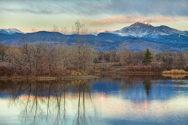 'twin Peaks' Colorado Poster featuring the photograph Longs Peak from Golden Ponds by James BO Insogna