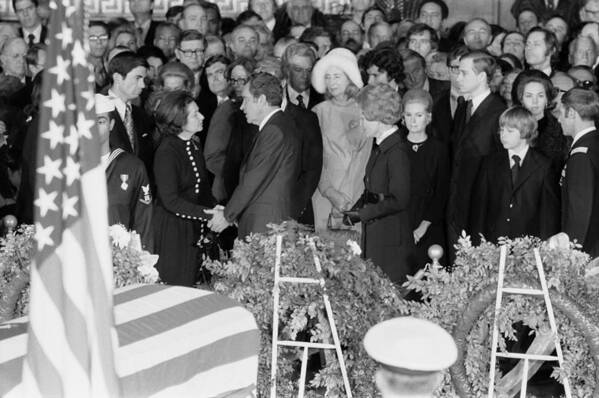 History Poster featuring the photograph Lyndon Johnson Funeral. President Nixon by Everett