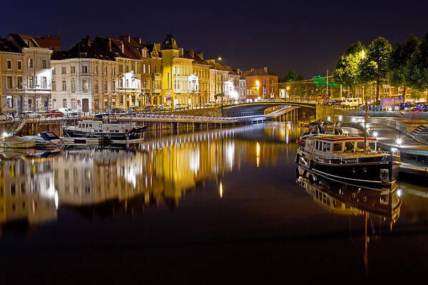 Europe Poster featuring the photograph Nighttime along the river Leie by David Freuthal