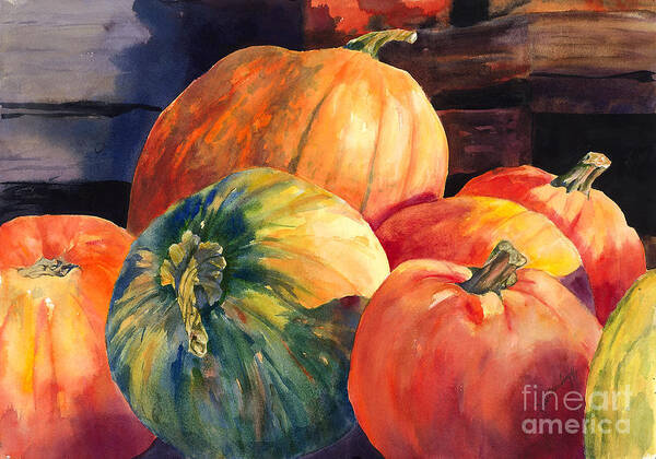 Pumpkins Poster featuring the painting Pumpkins and Green Pumpkin by Hilda Vandergriff