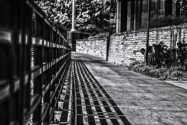 Rail Walk Cement Stone Brick Railing Sidewalk Path Poster featuring the photograph Shadow Walk by Tom Gort