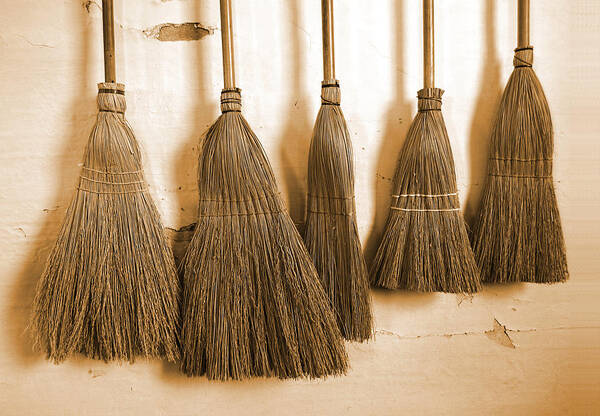 Broom Poster featuring the photograph Shaker Brooms on a Wall by Mark Sellers