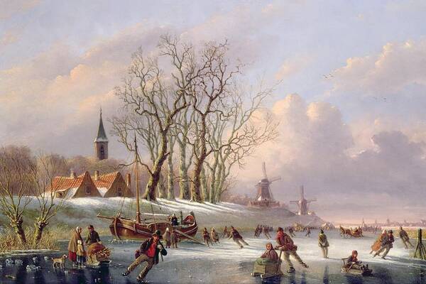 Winter Poster featuring the painting Skaters on a Frozen River before Windmills by Dutch School