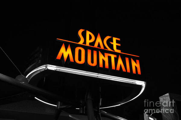 Disney World Poster featuring the photograph Space Mountain Sign Magic Kingdom Walt Disney World Prints Color Splash Black and White by Shawn O'Brien