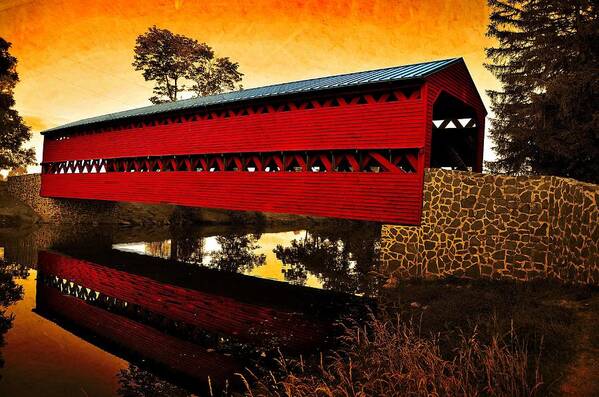 Covered Bridge Print Poster featuring the photograph Sunrise reflections over covered bridge by Dave Sandt