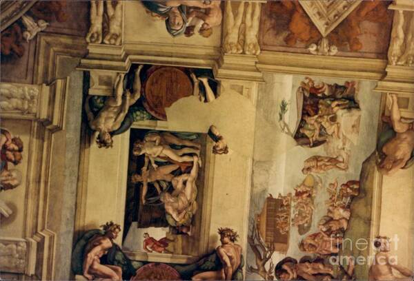 Michelangelo's Frescoed Painting On The Ceiling Of The Sistine Chapel. Poster featuring the photograph The Deluge and The Sacrifice of Noah. by Dean Robinson