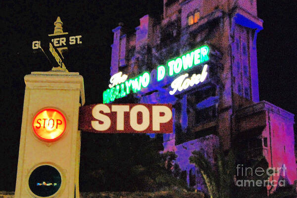 Tower Of Terror Poster featuring the digital art Twilight Zone Tower of Terror Stop Sign Hollywood Studios Walt Disney World Prints Film Grain by Shawn O'Brien
