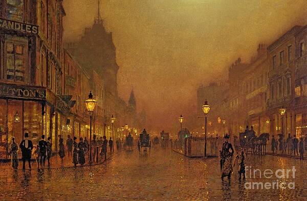 Street Poster featuring the painting A Street at Night by John Atkinson Grimshaw