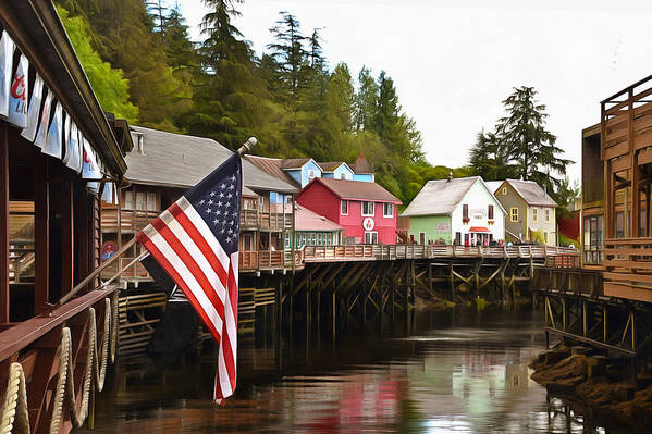 American Flag On Creek Street Ketchikan Alaska Painting Poster featuring the photograph American Flag on Creek Street Ketchikan Alaska Painting #1 by Barbara Snyder