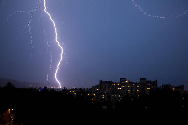 Weather Poster featuring the photograph Lightning strike #1 by Ian Middleton