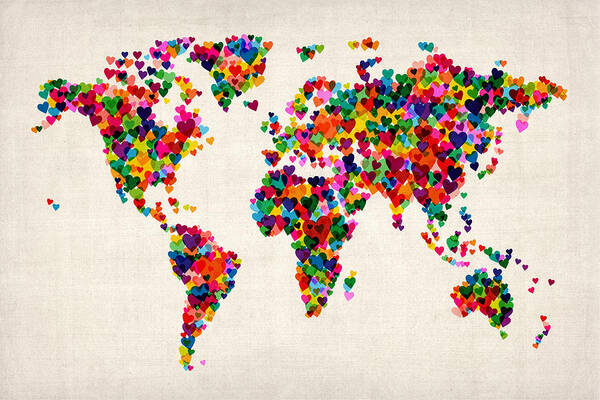 World Map Poster featuring the digital art Love Hearts Map of the World Map #1 by Michael Tompsett