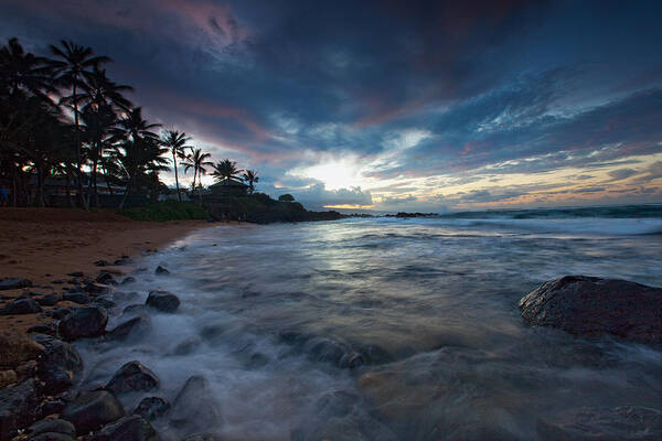 Maui Hawaii Seascape Sunset Ocean Shorebreak Palmtrees Clouds Poster featuring the photograph Mamas Sunset #1 by James Roemmling