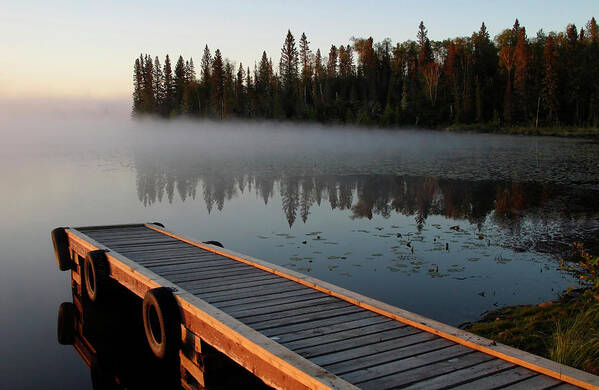 Mist Poster featuring the digital art Morning mist over Lynx Lake in Northern Saskatchewan #1 by Mark Duffy