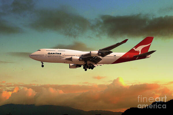 Qantas Poster featuring the digital art Qantas Boeing 747 by Airpower Art