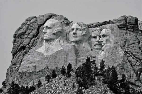 Mount Rushmore National Memorial; Mt. Rushmore; Presidents; George Washington; Thomas Jefferson; Theodore Roosevelt Poster featuring the photograph Stern Faces in Stern Times #1 by Don Mercer