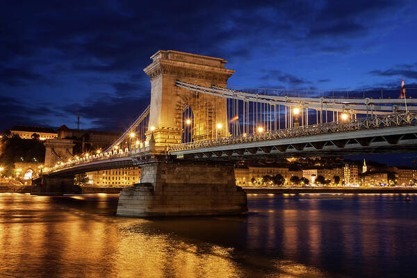Chain Poster featuring the photograph Szechenyi Chain Bridge in Budapest at Night #1 by Artur Bogacki