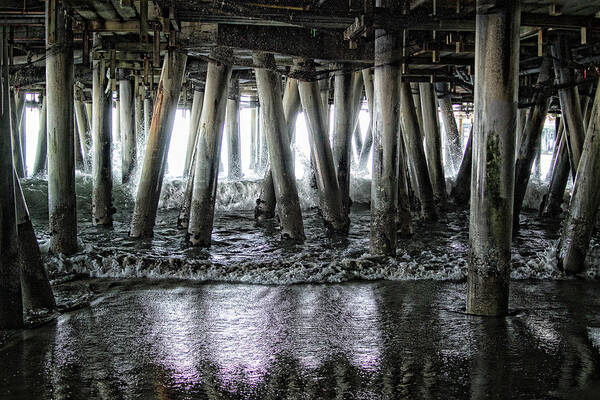 Under The Pier; Pylons; Waves; Ocean; Pacific Ocean; White; Silver; Water; Joe Lach; Beach; Sand; Light; Green Poster featuring the digital art Under the Pier 2 by Joe Lach