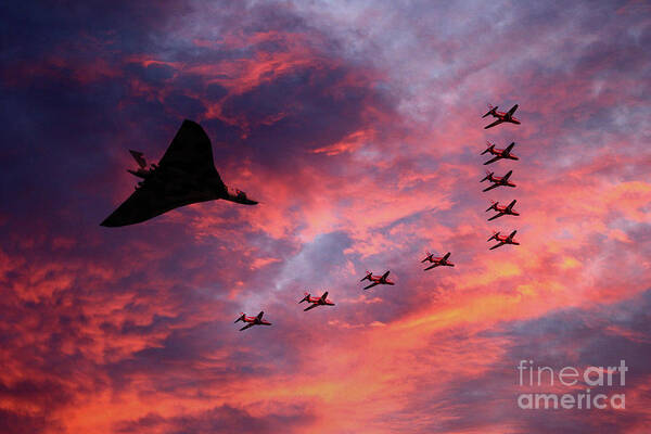 Avro Vulcan Bomber Xh558 Sunset Formation With The Red Arrows Poster featuring the digital art Vulcan XH558 and Red Arrows #1 by Airpower Art