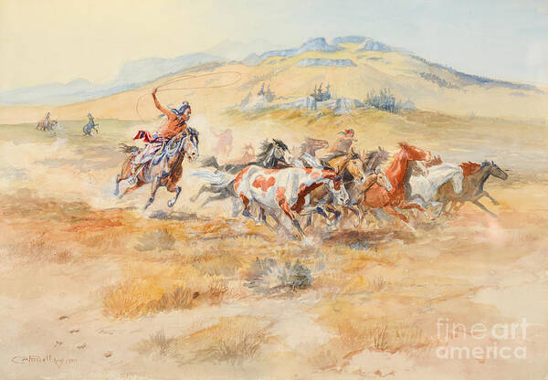 Charles M. Russell (1864-1926) Wild Horses (1900) Poster featuring the painting Wild Horses #1 by Celestial Images