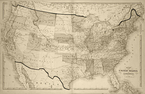United Poster featuring the digital art 1876 Map of the United States Sepia by Toby McGuire